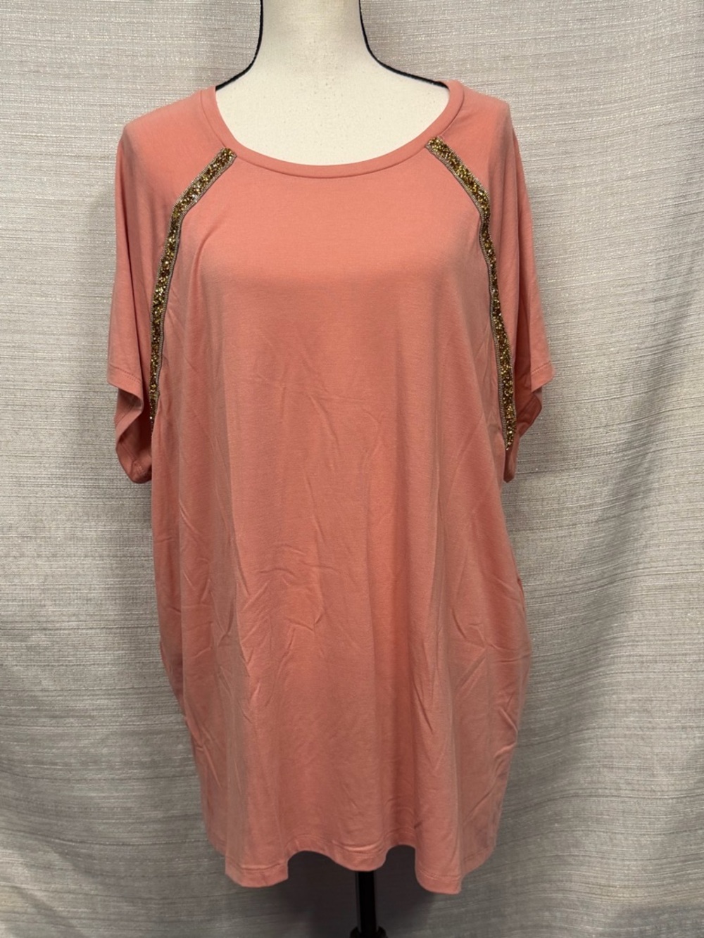 Massini Coral Pink Short Sleeve Top with Gold Sequin Trim
